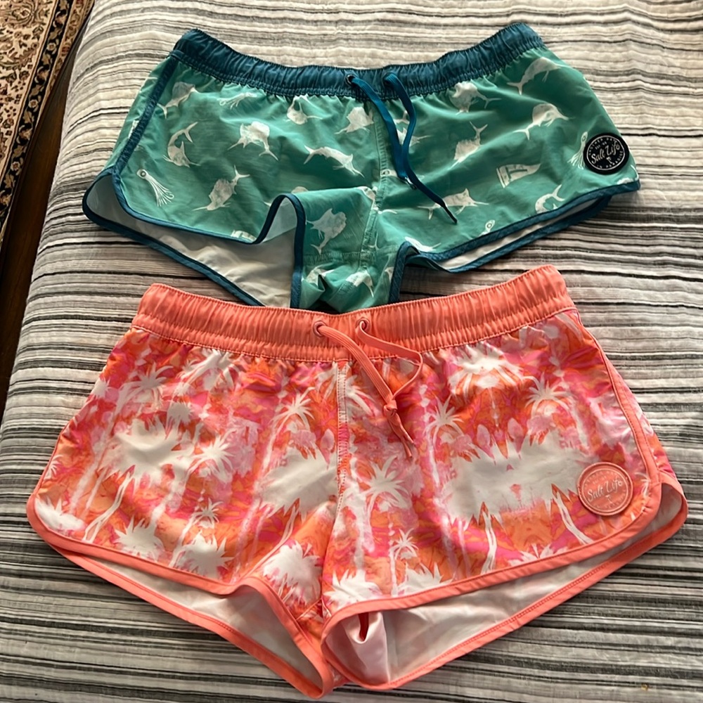 2 pairs salt life broad shorts orange pink & green blue drawstring back pockets